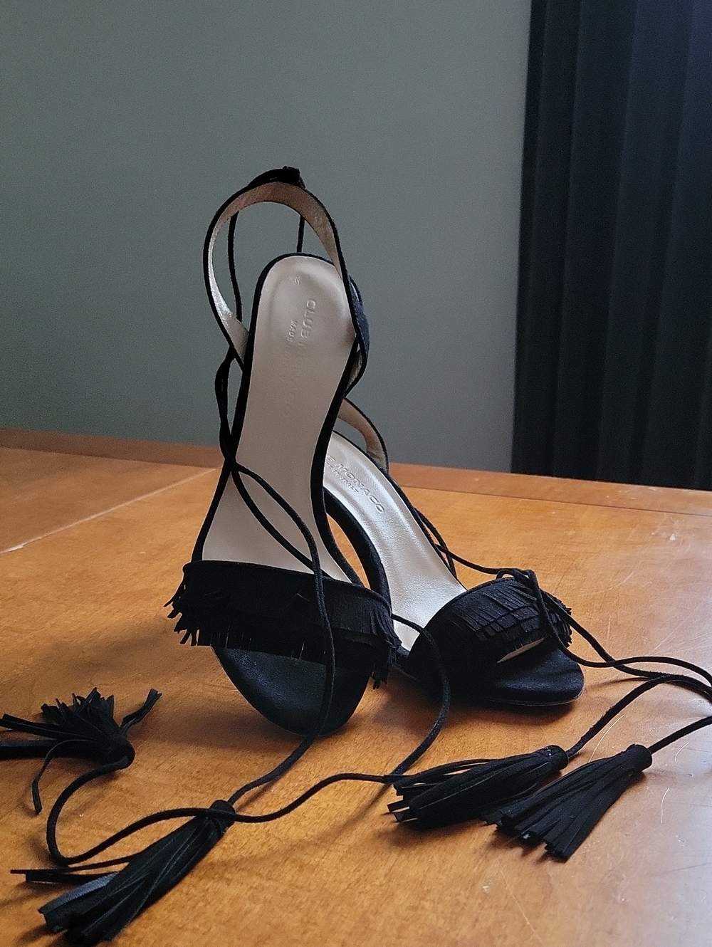 Club Monaco Black Fringe Lace-Up Stiletto Sandals